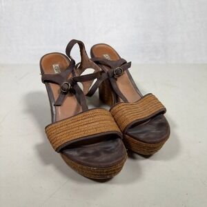 UGG Women Wedge Sandals Brown Leather Espadrille Platform Strappy T-Strap Size 9